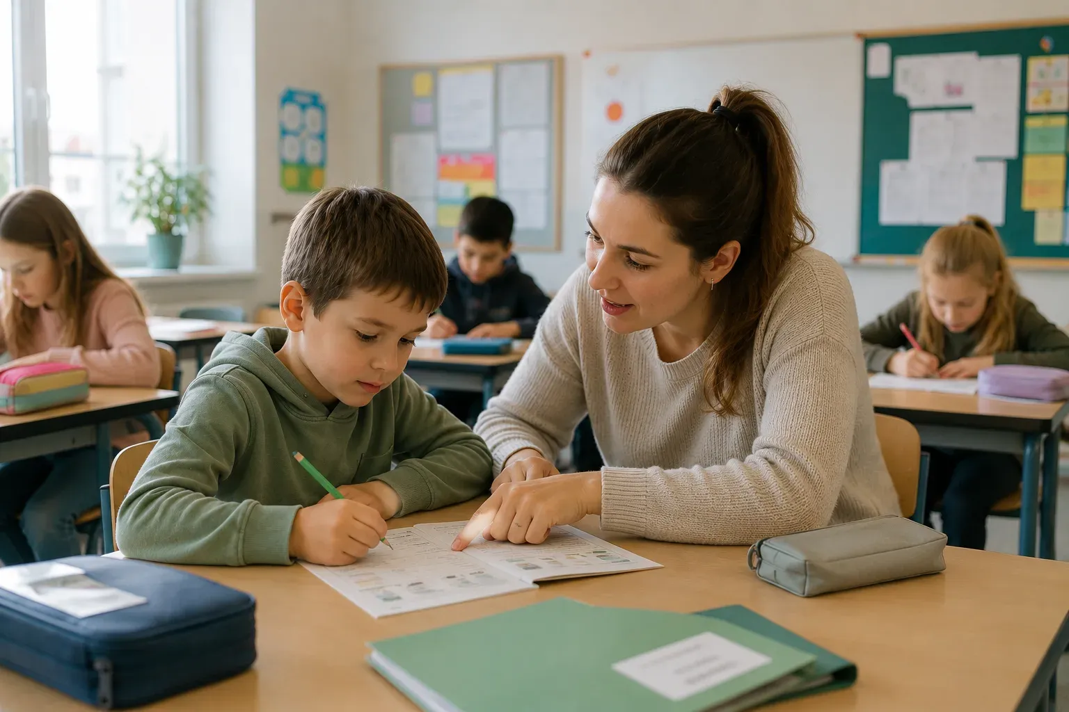 Schulbegleiterin unterstützt ein Kind im Unterricht