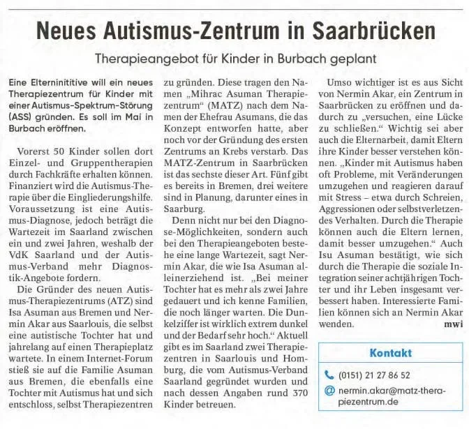 Zeitungsartikel der Saarbrücker Zeitung über MATZ