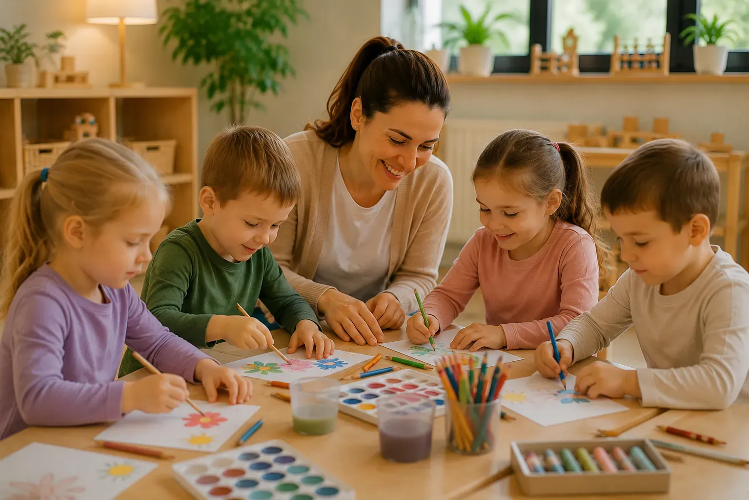 Kinder basteln gemeinsam an einem Tisch