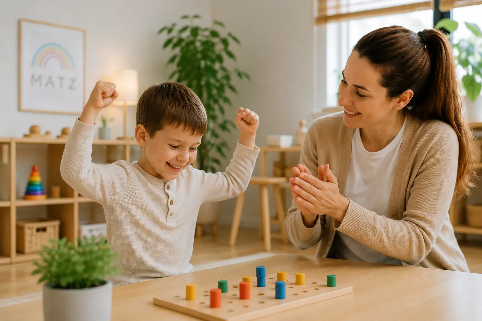 Kind arbeitet konzentriert in einem ruhigen Therapieraum