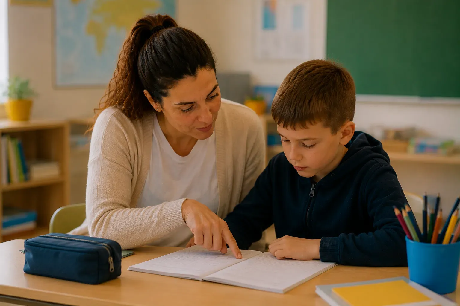 Freundliche Lernsituation im hellen Klassenzimmer