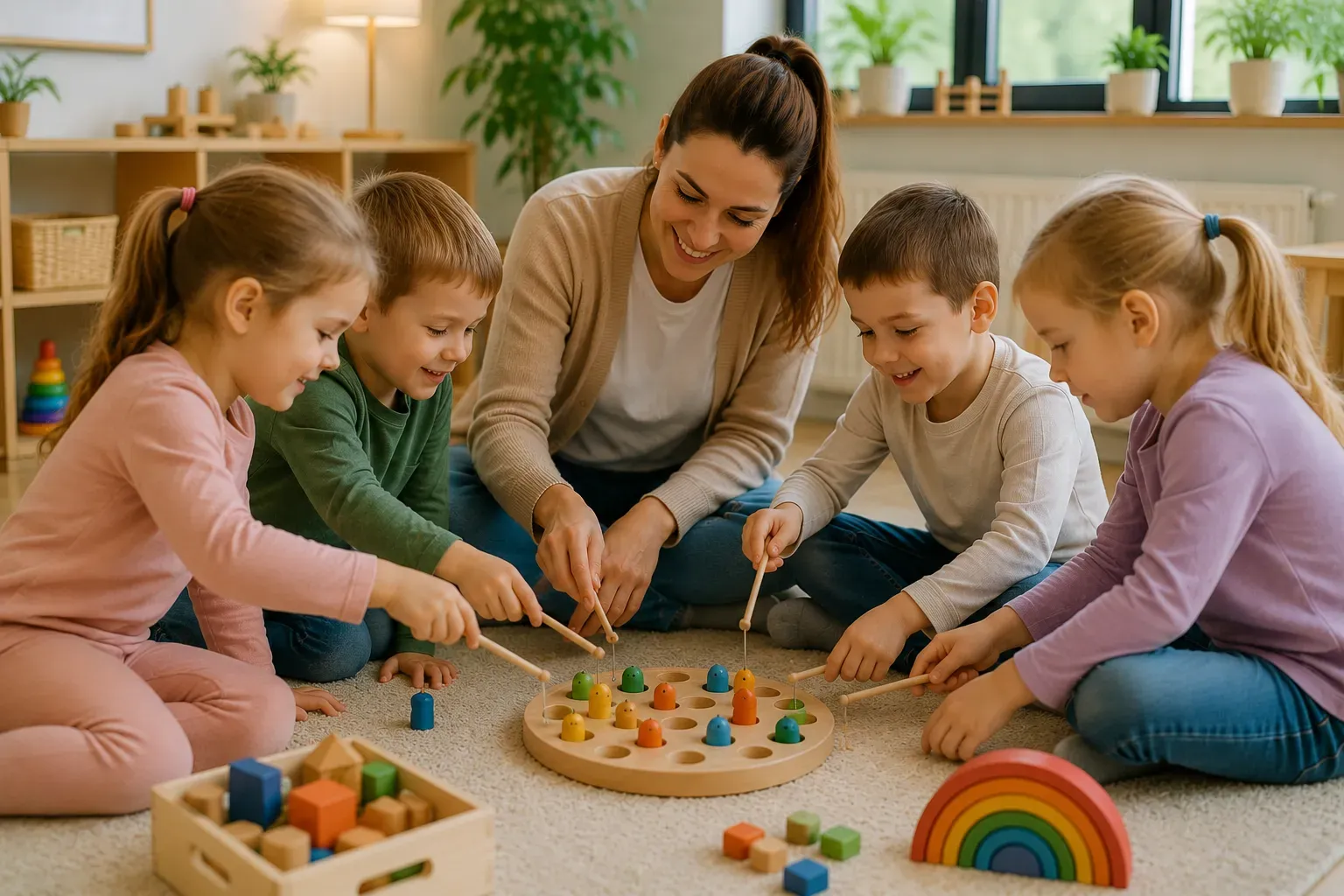 Kinder spielen gemeinsam in einem gemütlichen Gruppenraum