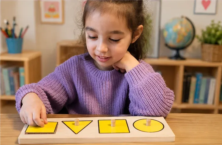 Kind bei einer Förderübung mit einem Formenpuzzle.